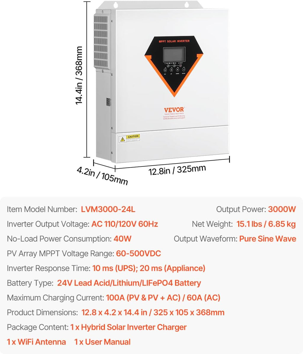 VEVOR Hybrid Solar Inverter, 3000W, Single Phase Pure Sine Wave Power Inverter, 24V DC to 110/120V AC, with Built-in 100A MPPT Solar Charge Controller, for Off-Grid System Lead Acid Lithium Battery