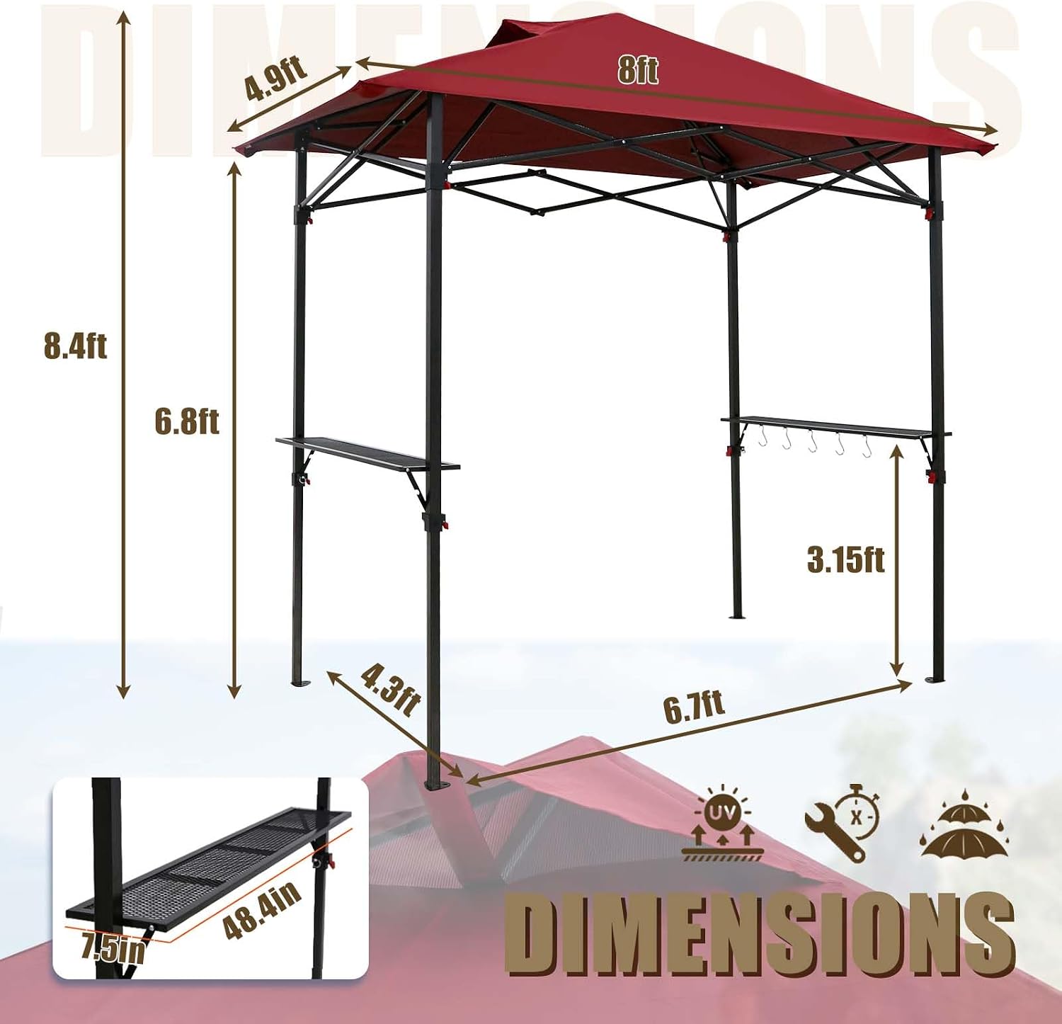 EAGLE PEAK 8x5 Pop up Grill Gazebo with Carry Bag, Instant Outdoor BBQ Canopy Tent with Air Vent for Barbeque, Picnic and Patio, Red