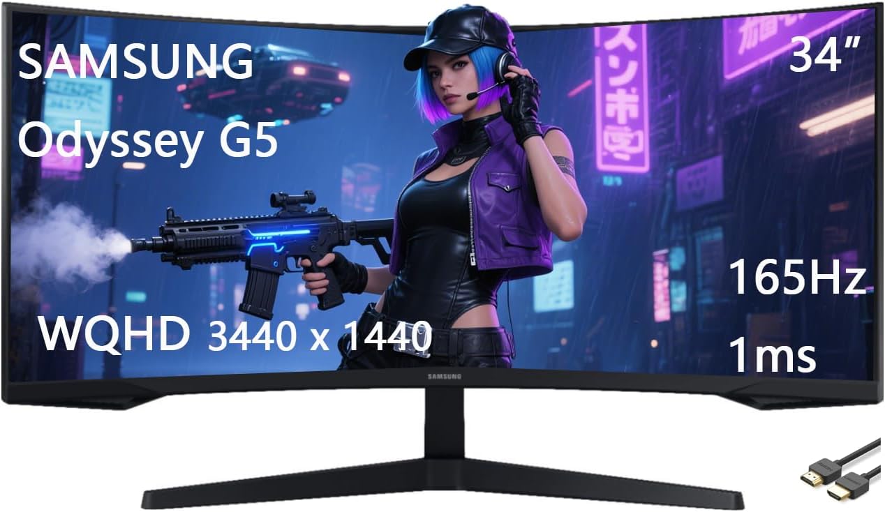 Samsung 34' Odyssey G5 Series Gaming Monitor, WQHD Curved, 1000R UltraWide, 165Hz, 1ms, FreeSync Premium, Black, with GSF HDMI Cable