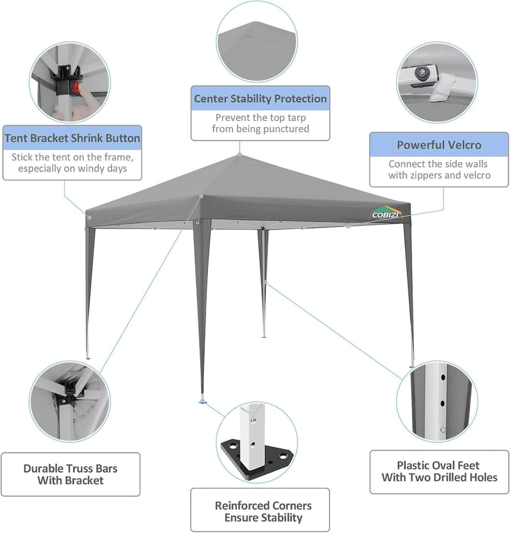 COBIZI 10x10 Pop Up Canopy Tent with 4 Sidewalls Party Tents for Parties Weddings Backyard Waterproof Commercial Instant Outdoor Events Tent with Stakes, Ropes（10 x 10 ft Gray