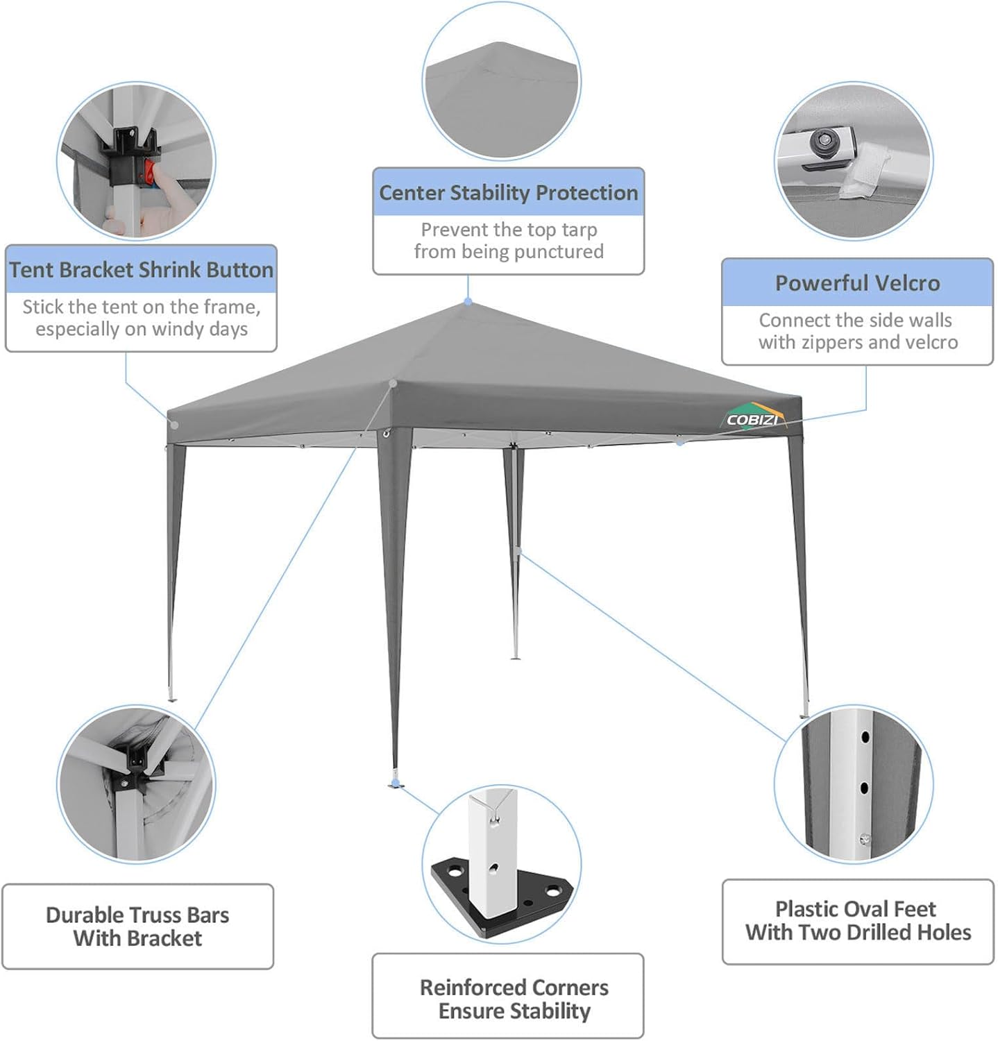 COBIZI 10x10 Pop Up Canopy Tent with 4 Sidewalls Party Tents for Parties Weddings Backyard Waterproof Commercial Instant Outdoor Events Tent with Stakes, Ropes（10 x 10 ft Gray
