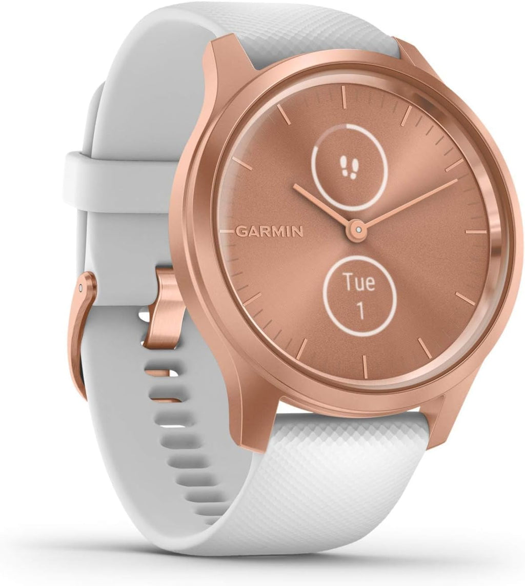 Garmin vivomove Style, Hybrid Smartwatch with Real Watch Hands and Hidden Color Touchscreen Displays, Rose Gold with White Silicone Band (Renewed)
