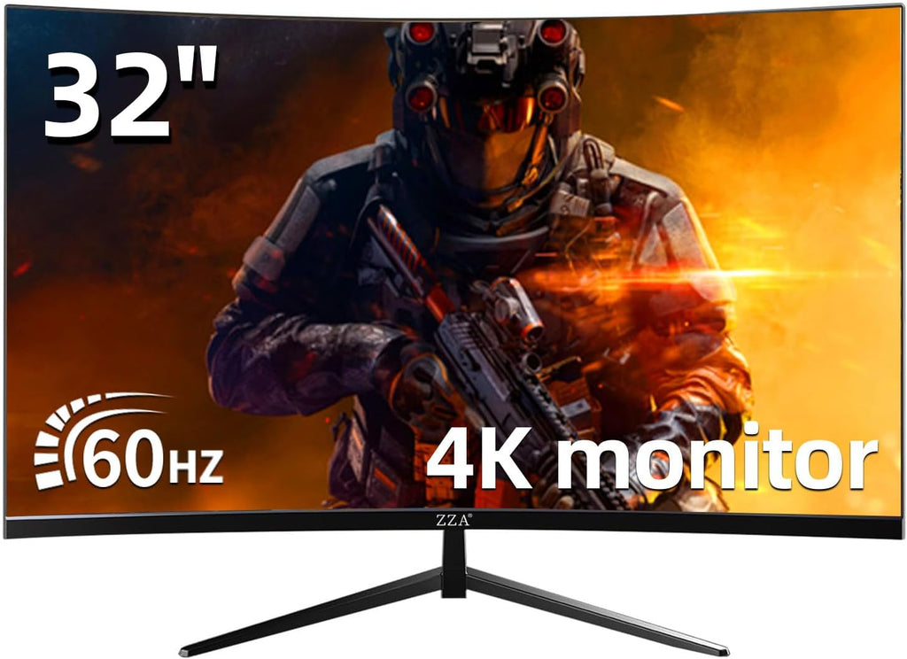 ZZA 32 Inch Curved Monitor 4K, 60HZ UHD (3840 * 2160P) 3000R VA Panel, Gaming Monitor with AMD Freesync, 100% sRGB HDR10 Wall Mountable (HDMI 2.0/DP 1.4 * 2)