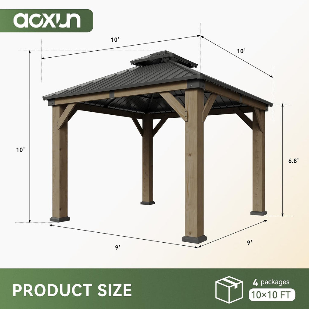 Aoxun 10' x 10' Outdoor Wood Gazebo, Hardtop Gazebo Permanent Wooden Pavilion with Galvanized Steel Double Roof, and LED Outdoor Waterproof Hanging Lights, for Patio, Garden, Deck, Cedar Wood