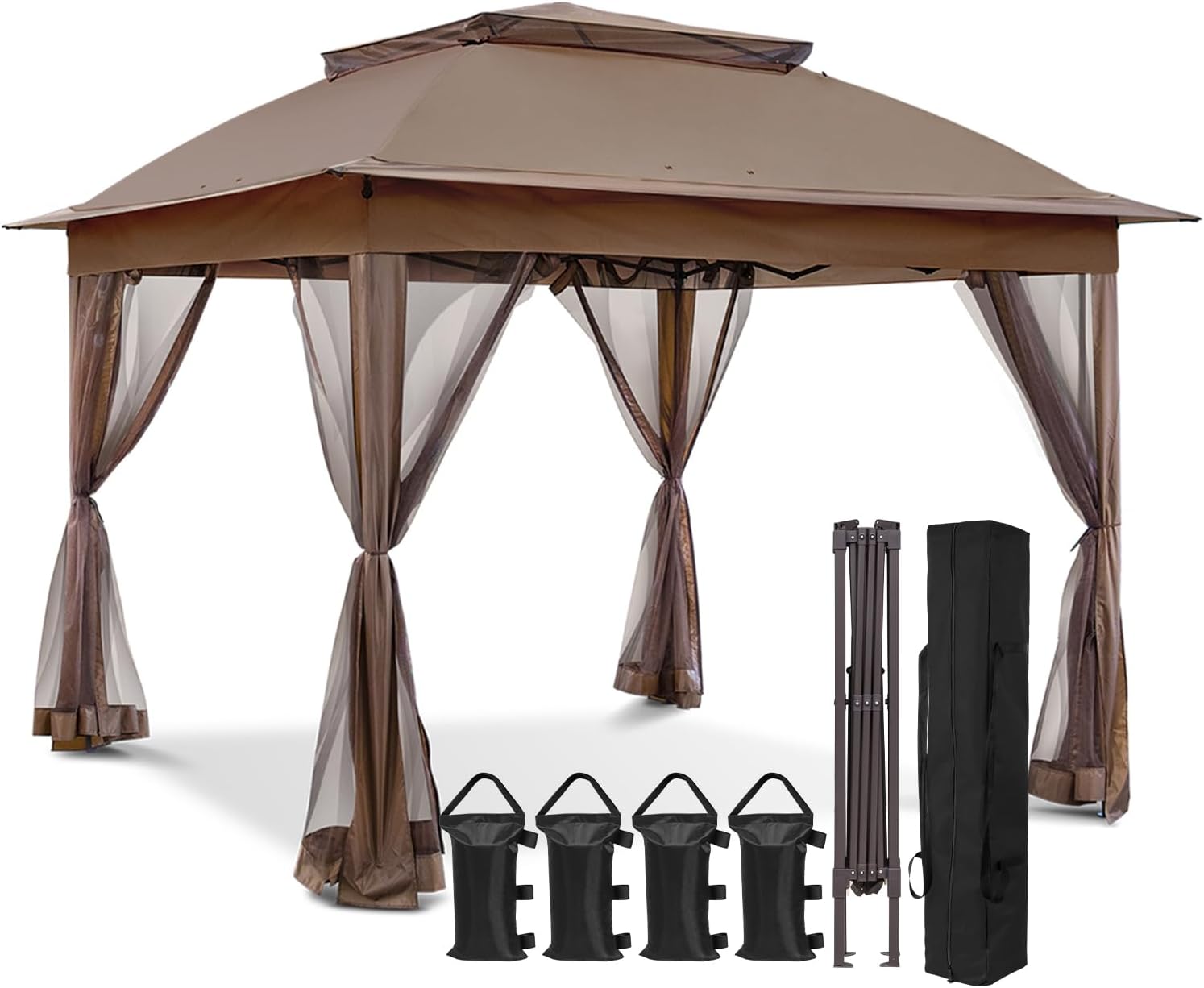 EAGLE PEAK 11x11 Pop Up Gazebo with Mesh Netting, Easy Up Screened Canopy for Patio and Backyard, Easy Set up Outdoor Gazebo (Brown)