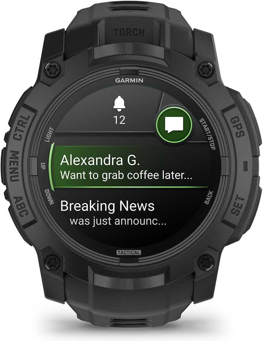 PlayBetter Garmin Instinct 3 AMOLED Tactical 50mm (Black) Rugged Outdoor GPS Smartwatch Gift Box Bundle - Built-in Flashlight HD Screen Protectors, Wall Adapter & Case