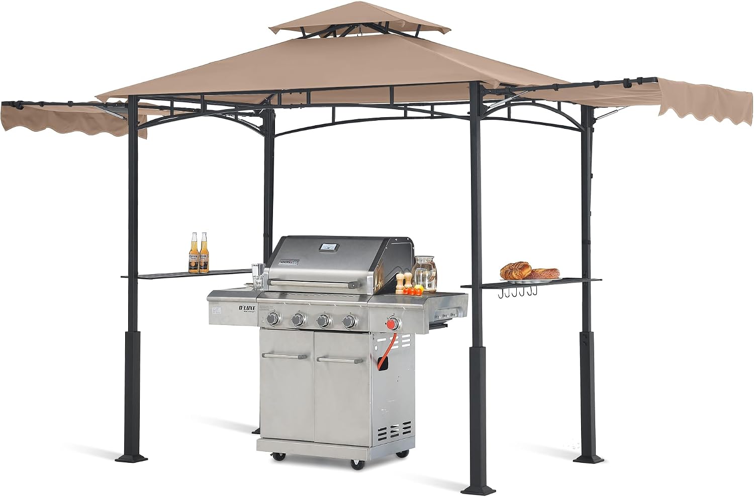 ABCCANOPY Grill Gazebo with 2 Side Awnings - 14x5 Outdoor BBQ Canopy Shelter with 2 Led Lights for Patio Backyard Grilling (Khaki)