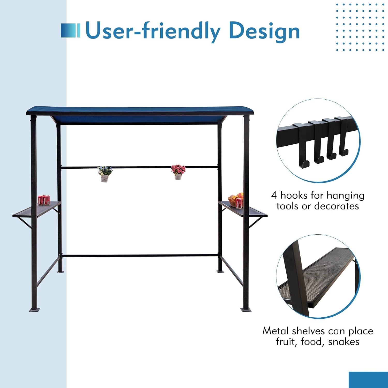 COBANA Grill Gazebo 8'by 4.6' Outdoor Patio BBQ Canopy with Single-Tier Soft Top and Metal Shelves, Blue