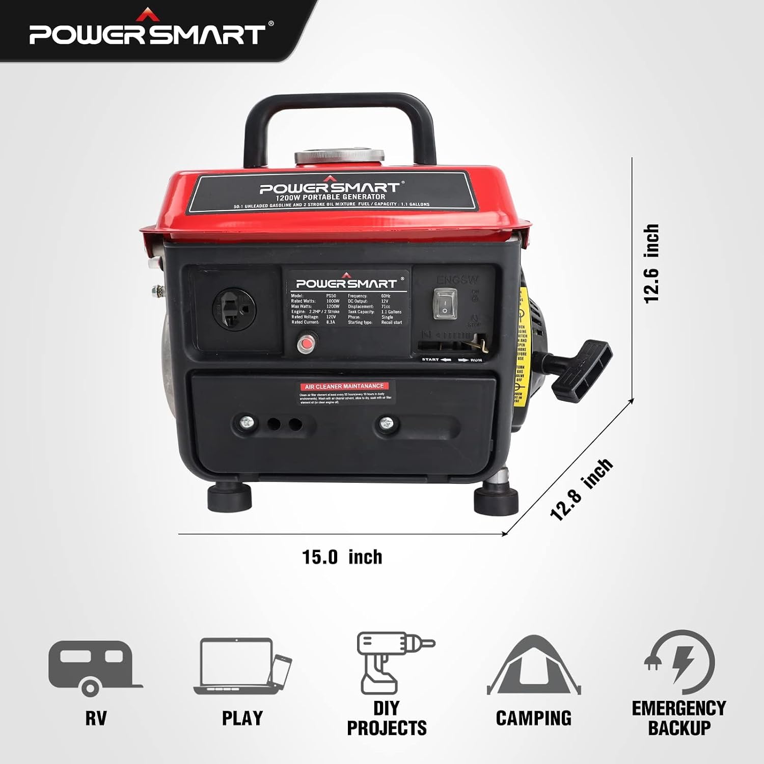 PowerSmart PS50 1000W 2 Stroke Manual Start Portable Generator, Red/Black
