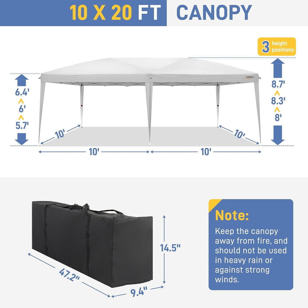 VINGLI 10x20 ft Pop Up Canopy Tent with 6 Sidewalls with Carry Bag, Outdoor Gazebo Shelter, Patio Event Tent Outdoor Canopy Commercial Canopy(White)
