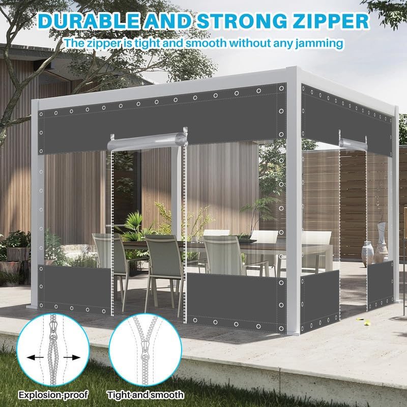 Clear Vinyl Curtains with Zippered Entry, 23oz Heavy Duty Waterproof Anti-UV and Tear-Resistant Tarpaulin with Grommets, Weatherproof Panels for Porch, Pergola, Gazebo, Balcony, Patio, Enclosure