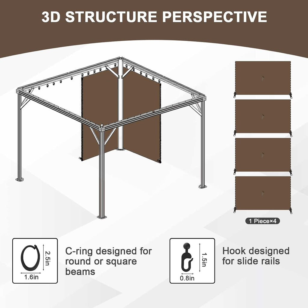 Aoodor 12x16 ft Outdoor Gazebo Curtains, 4 Panels Waterproof Privacy Sidewall Replacement with Zipper for Patio Pergola and Canopy, Brown
