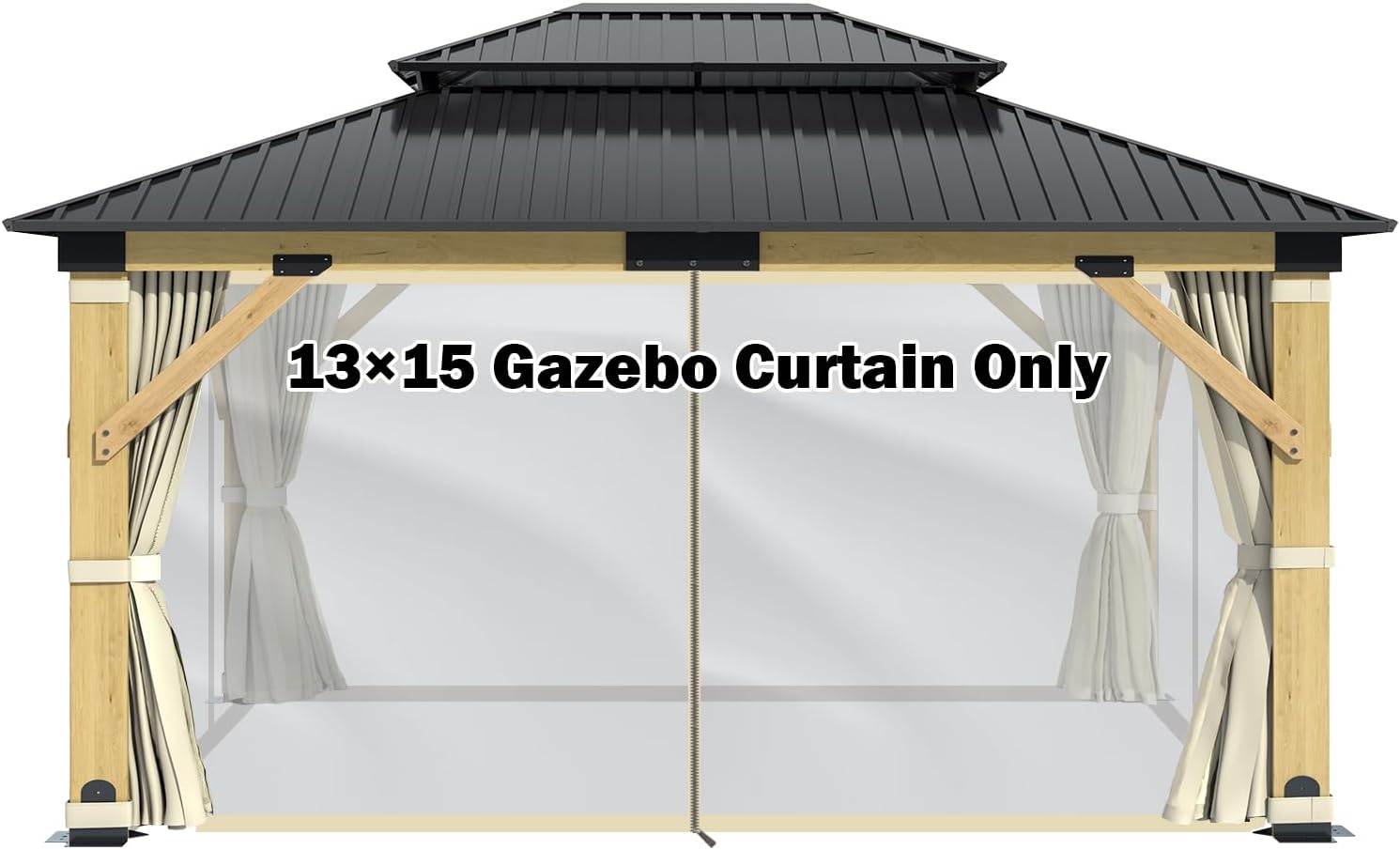 GARTOO 13' x 15' Wooden Gazebo Curtains Part & Rod - Outdoor Hardtop Patio Gazebo Canopy Netting Walls with Zipper, Breathable Mesh and Privacy Curtain