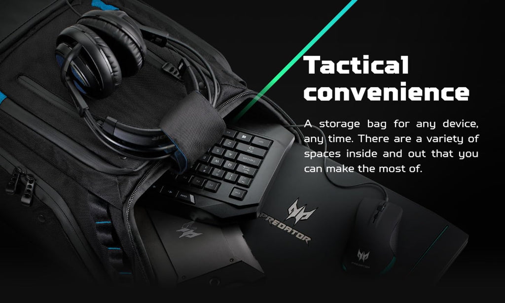 Acer PBG591 Predator Utility Gaming Backpack, Water Resistant and Tear Proof Travel Backpack Fits and Protects Up to 17.3' Predator Gaming Laptop, Black with Teal Accents