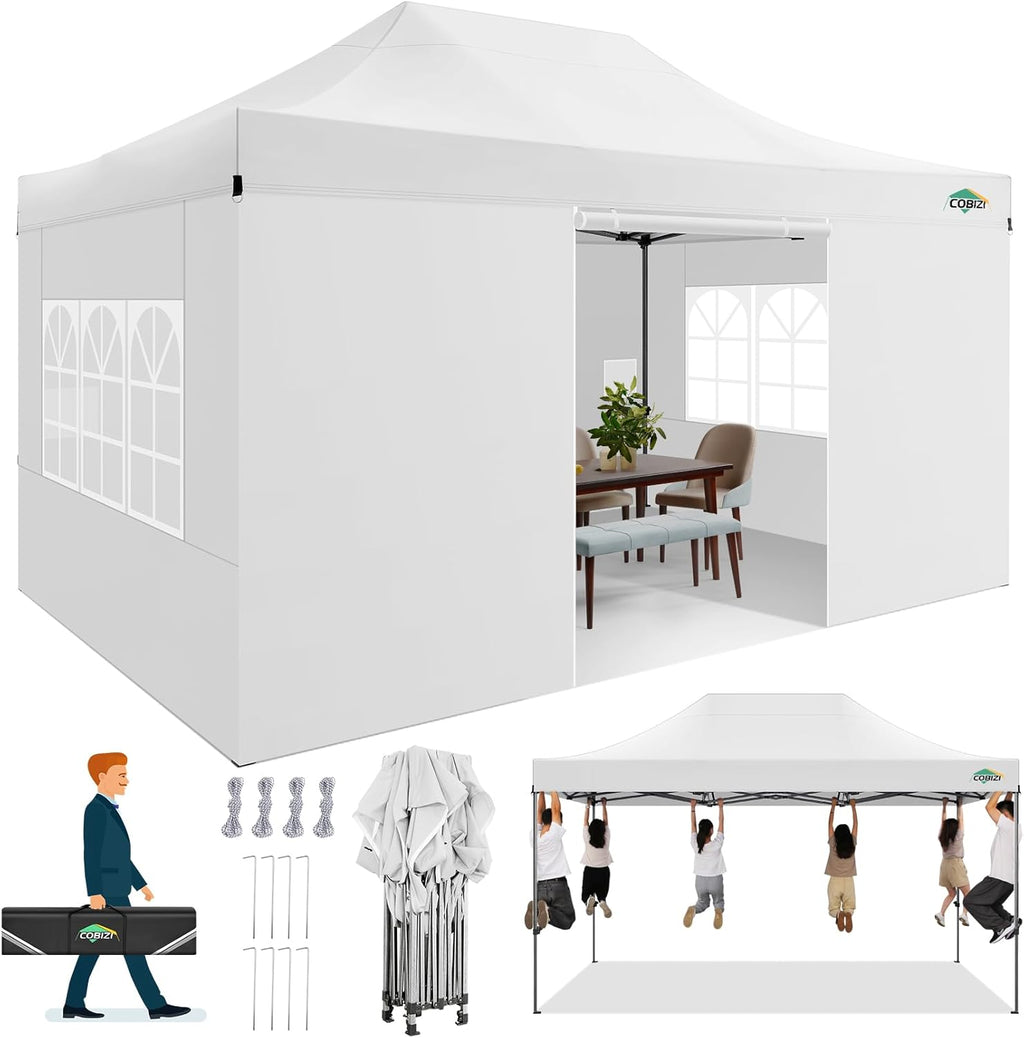 COBIZI 10x15 Pop up Canopy Gazebo 3.0, Easy up Heavy Duty Canopy with 4 Removable Sidewalls, High Stability, All Weather Sunshade 100% Waterproof Outdoor Canopy Tents, White