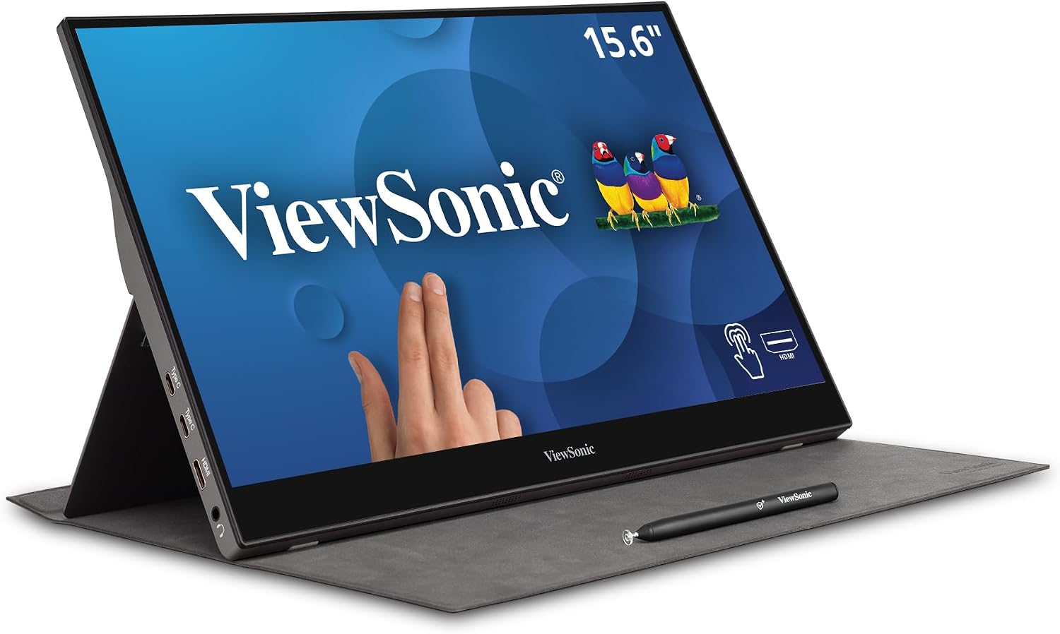 ViewSonic TD1655 15.6 Inch 1080p Touchscreen Portable Monitor, IPS Display for Interactive Workflows and Second Screen Productivity, Built-in Stand, 60W USB-C, mini HDMI, and Smart Cover