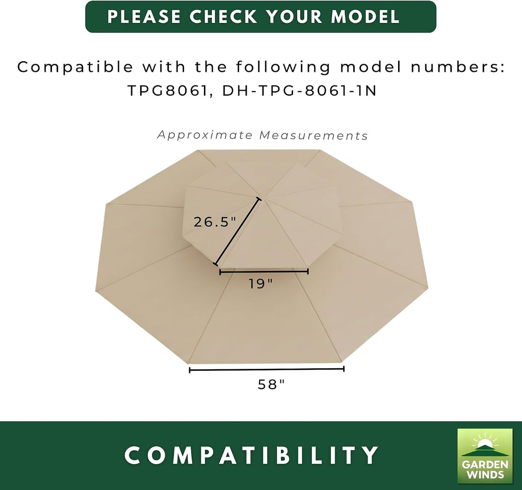 Garden Winds Reinforced RipLock 350 Replacement Canopy Top Cover Compatible with Star Octagon Gazebo Models TPG8061, DH-TPG-8061-1N - Beige