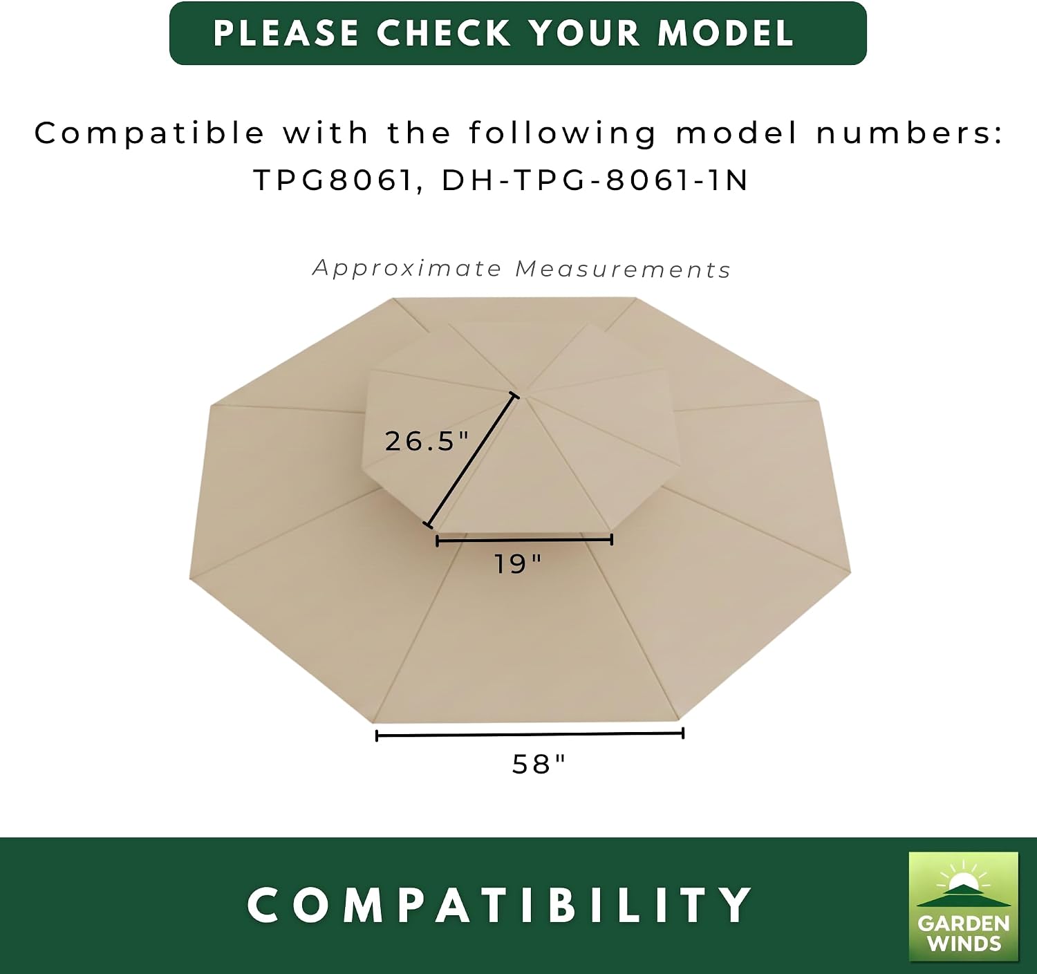 Garden Winds Reinforced RipLock 350 Replacement Canopy Top Cover Compatible with Star Octagon Gazebo Models TPG8061, DH-TPG-8061-1N - Beige