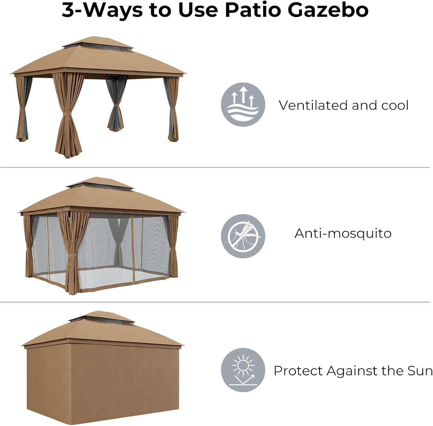 LuxaDomus Outdoor Gazebo 10'×13' for Patio, Metal Frame Canopy with Double Roofs, Heavy Duty Party Tent with Mosquito Netting and Curtains for Backyard, Garden, Lawn and Deck, Coffee