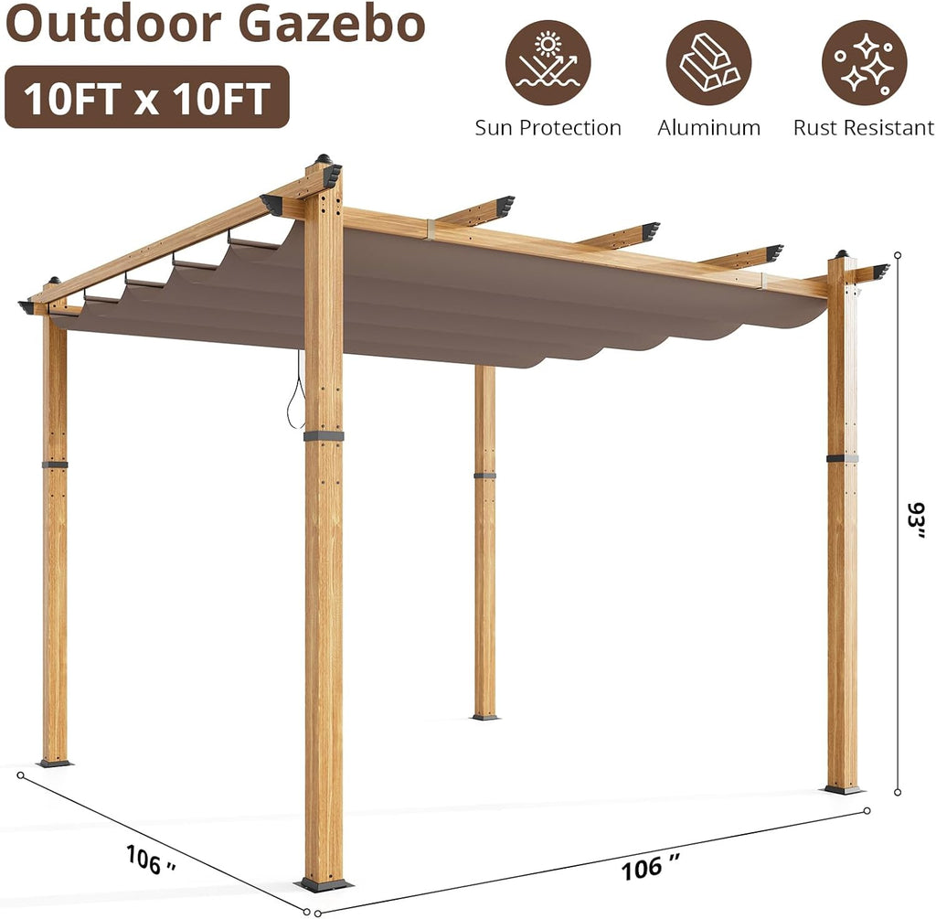 10' X 10' Retractable Pergola Canopy with Natural Wood Like Frame for Backyards, Gardens, Patios, Outdoor Pergola with Sun Shade Canopy,Khaki