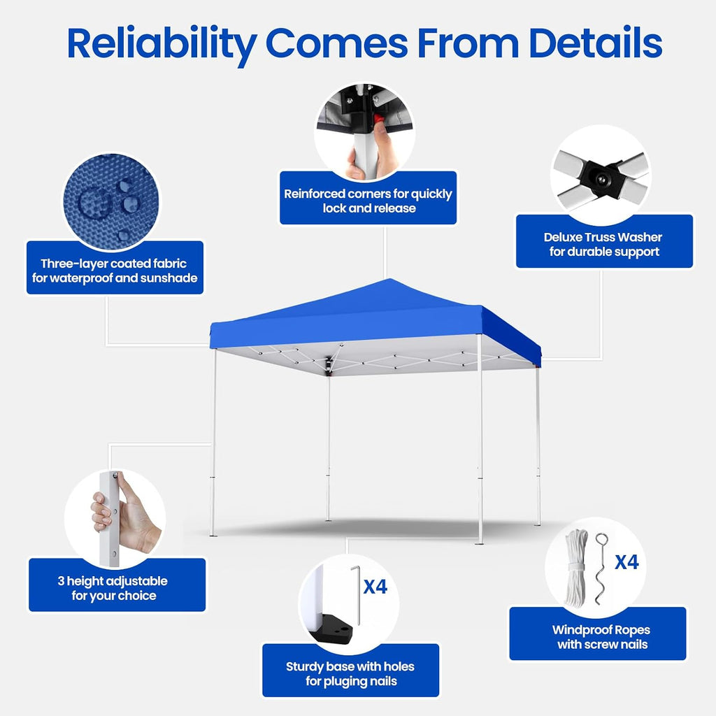 10x10ft Pop Up Canopy Tent,Heavy Duty Waterproof Folding Tent for Camping Parties Events Parties,Outdoor Canopy,Portable Sun Shelter,3 Adjustable Height(Blue)