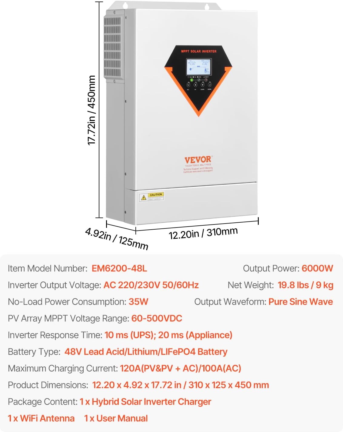 VEVOR Hybrid Solar Inverter, 6000W, Single Phase Pure Sine Wave Power Inverter, 48V DC to 220/230V AC, with Built-in 120A MPPT Solar Charge Controller, for Off-Grid System Lead Acid Lithium Battery