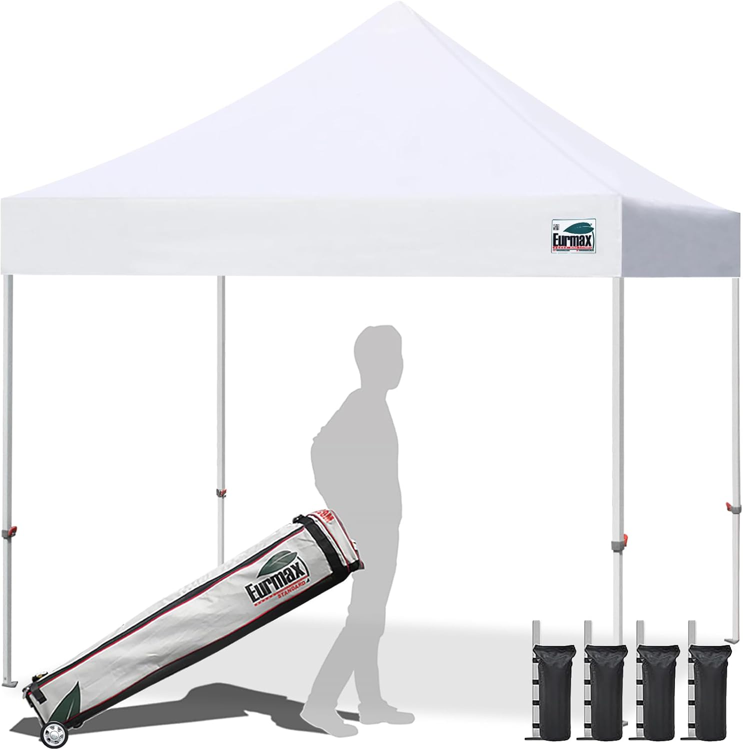 Eurmax USA 10x10ft Pop Up Canopy,Commercial Instant Tent for Outdoor Events,Patented No-Tip Rolling Storage Bag with 4 Sandbags,UV & Water Resistant,Heavy Duty Portable Shelter Gazebo,White