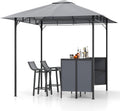 Tangkula 3 Piece Patio Bar Set, 8x8 FT Double-Tier Grill Gazebo with 2 Bar Stools, Tempered Glass Top, Metal Storage Shelf, Glass Holders, Outdoor Shelter for BBQ Party Poolside Garden (Grey)
