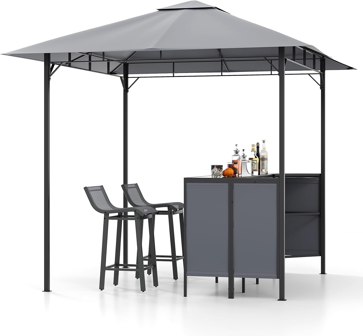 Tangkula 3 Piece Patio Bar Set, 8x8 FT Double-Tier Grill Gazebo with 2 Bar Stools, Tempered Glass Top, Metal Storage Shelf, Glass Holders, Outdoor Shelter for BBQ Party Poolside Garden (Grey)