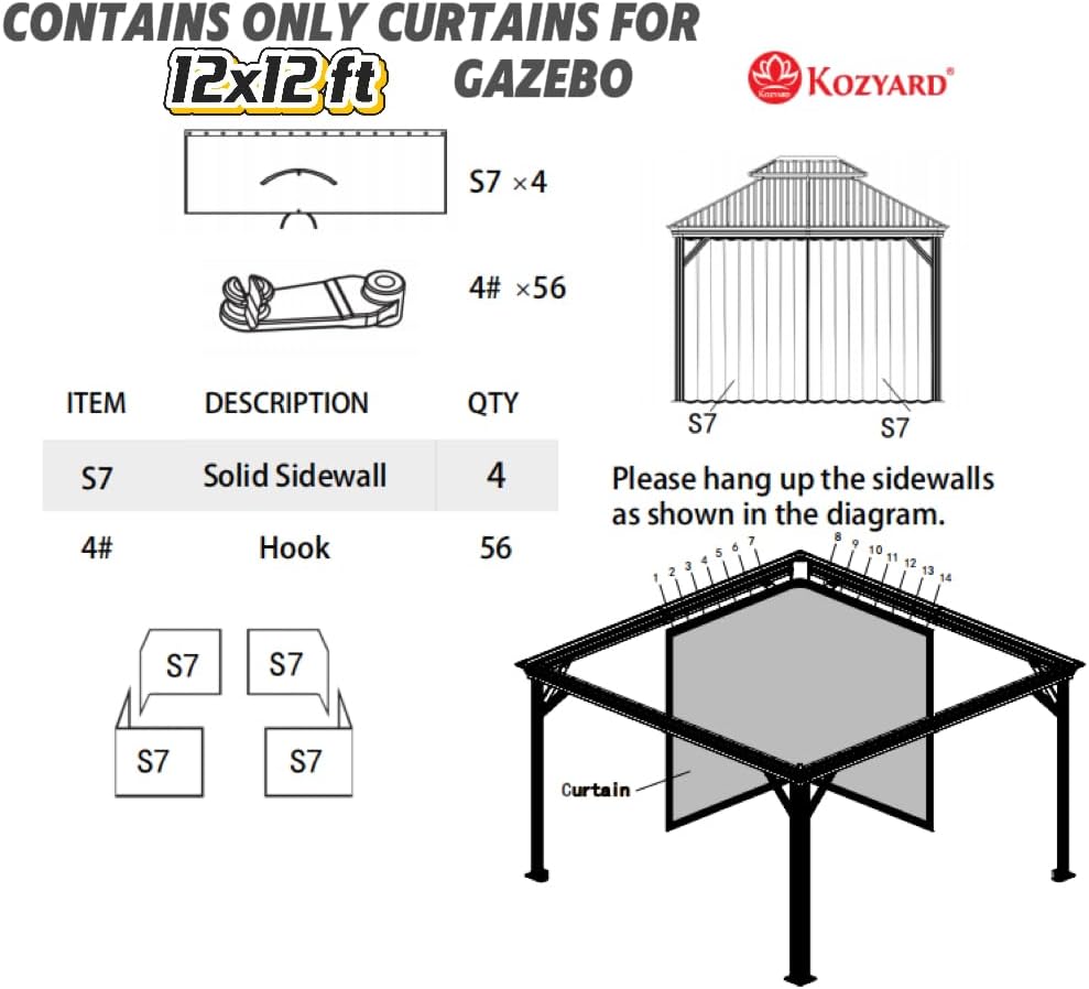 Kozyard 12' x 12'Outdoor Gazebo Privacy Curtain Sidewall, Waterproof Patio Privacy Curtain with Center-Zip Design, Replacement for Hardtop Gazebo Gray