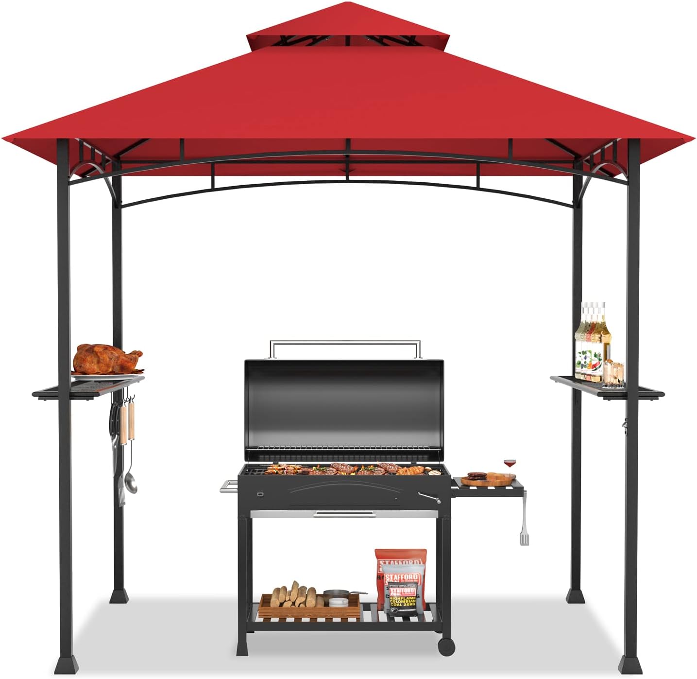 Tangkula 8x5 Ft Grill Gazebo, Double Tiered Outdoor Barbecue Grill with 2 Side Shelves, 5 Hooks, Bottle Opener for Patio, Garden, Beach, Backyard (Wine)