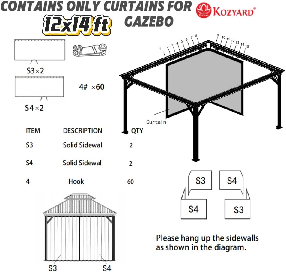 Kozyard 12' x 14'Outdoor Gazebo Privacy Curtain Sidewall, Waterproof Patio Privacy Curtain with Center-Zip Design, Replacement for Hardtop Gazebo Gray