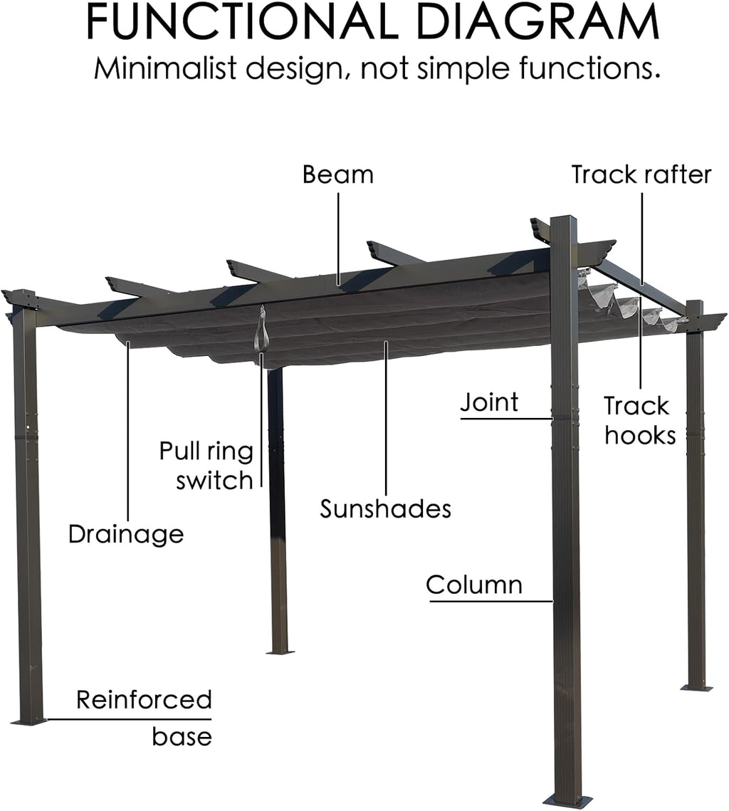 Kozyard Morgan Outdoor Retractable Pergola with Sun Shade Canopy Patio Aluminum Pergola Shelter for Backyard Deck Garden Modern Metal Grill Gazebo (10' x 13', Gray)