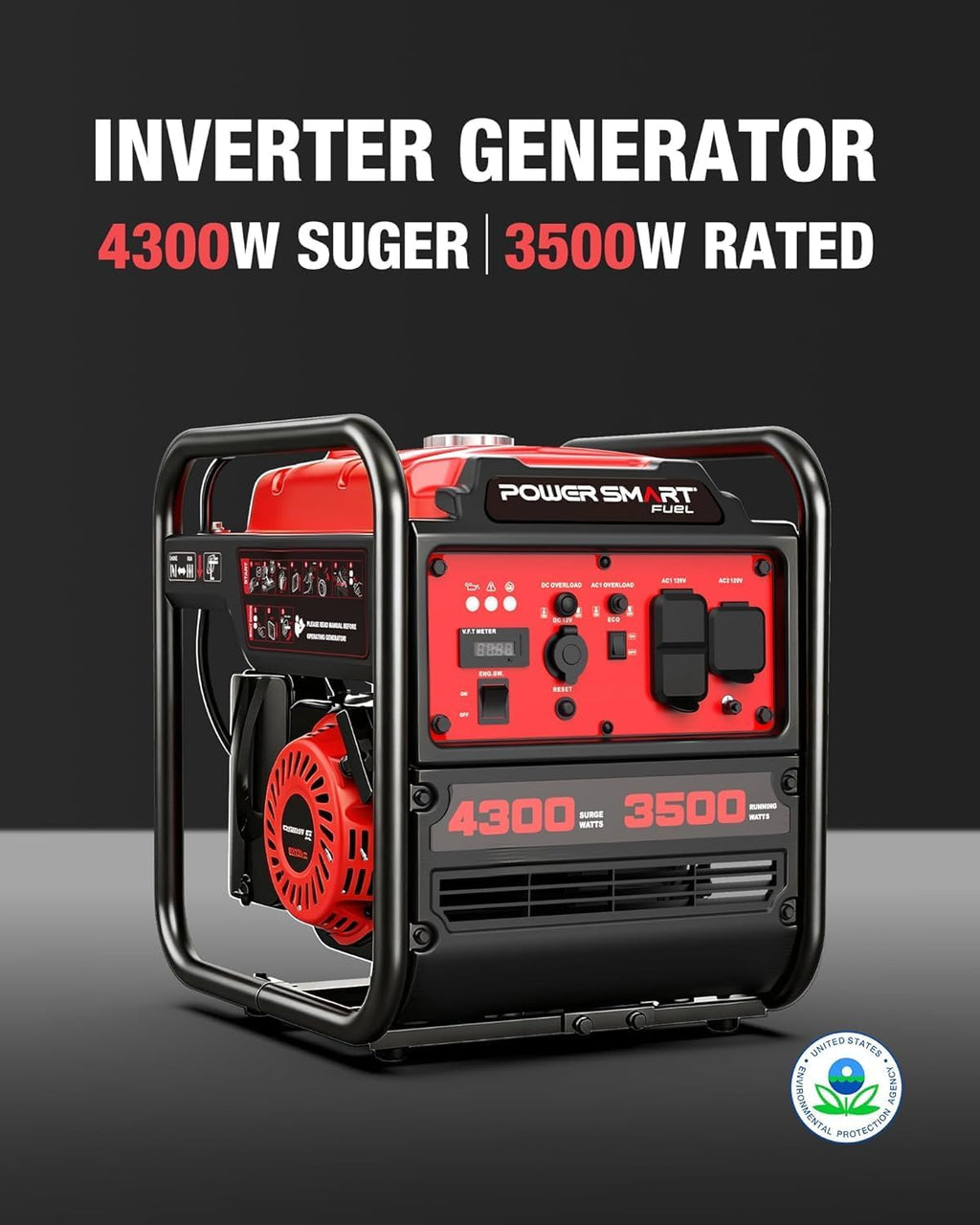 PowerSmart 4300-Watt Portable Generator with Inverter Technology, 3500W Rated, 223cc 4-Stroke Gas Powered Engine, 30 Amp for Home Backup, Camping, Emergency