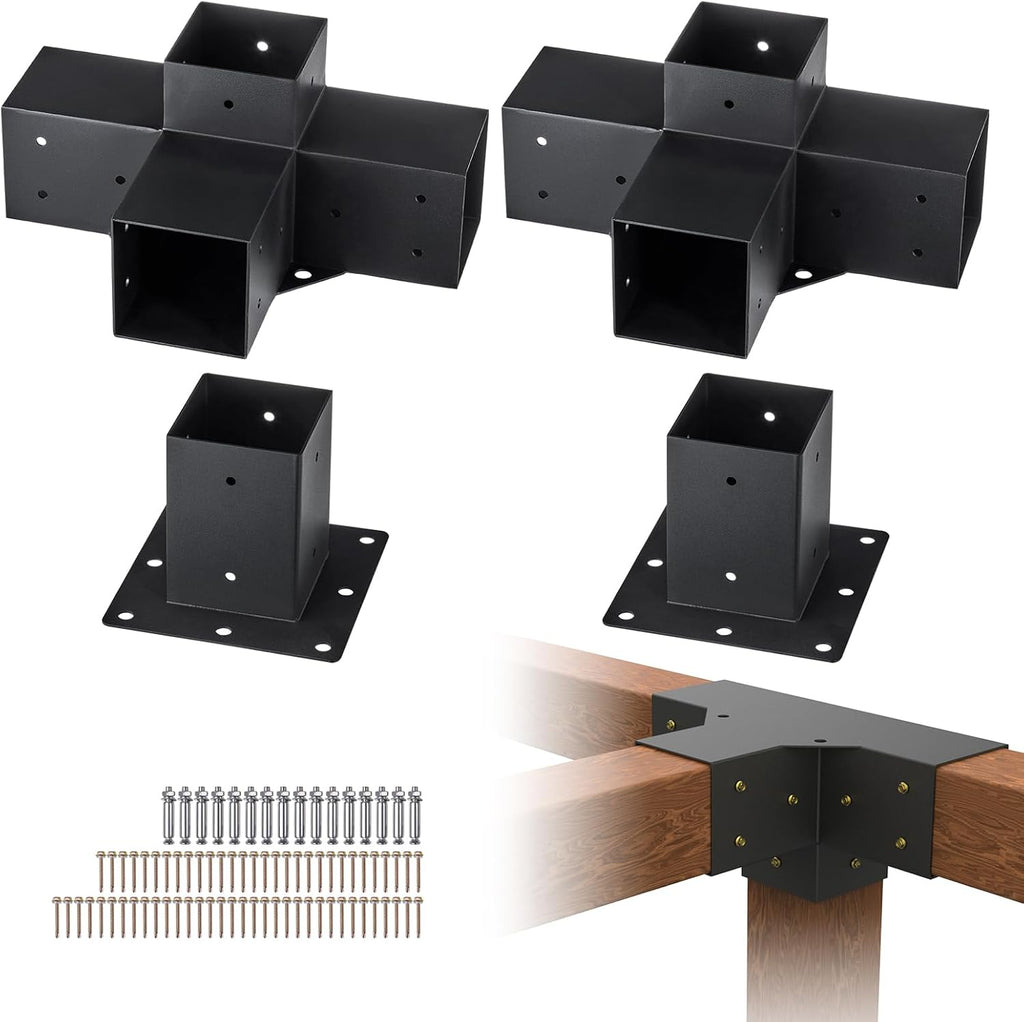 VEVOR Pergola Bracket Kit, 4x4 Inch (Inner Size 3.5x3.5), 2 Pcs 4-Way Heavy Duty Corner Bracket Woodworks DIY Post Base Kit, Easy Installation Wooden Beams for Gazebos, Patio Pergolas, Log Cabin
