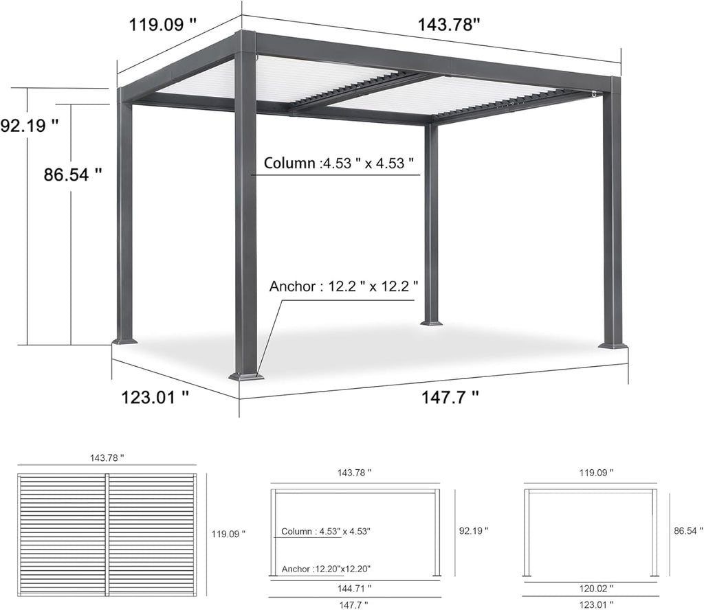 PURPLE LEAF Louvered Pergola 10' x 12' Outdoor Aluminum Pergola with White Adjustable Rainproof Roof Grey Frame Hardtop Gazebo for Patio Deck Garden