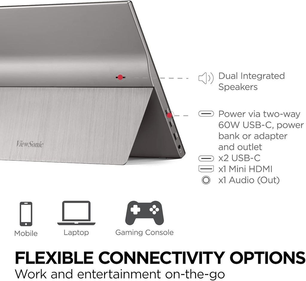 ViewSonic TD1655 15.6 Inch 1080p Touchscreen Portable Monitor, IPS Display for Interactive Workflows and Second Screen Productivity, Built-in Stand, 60W USB-C, mini HDMI, and Smart Cover
