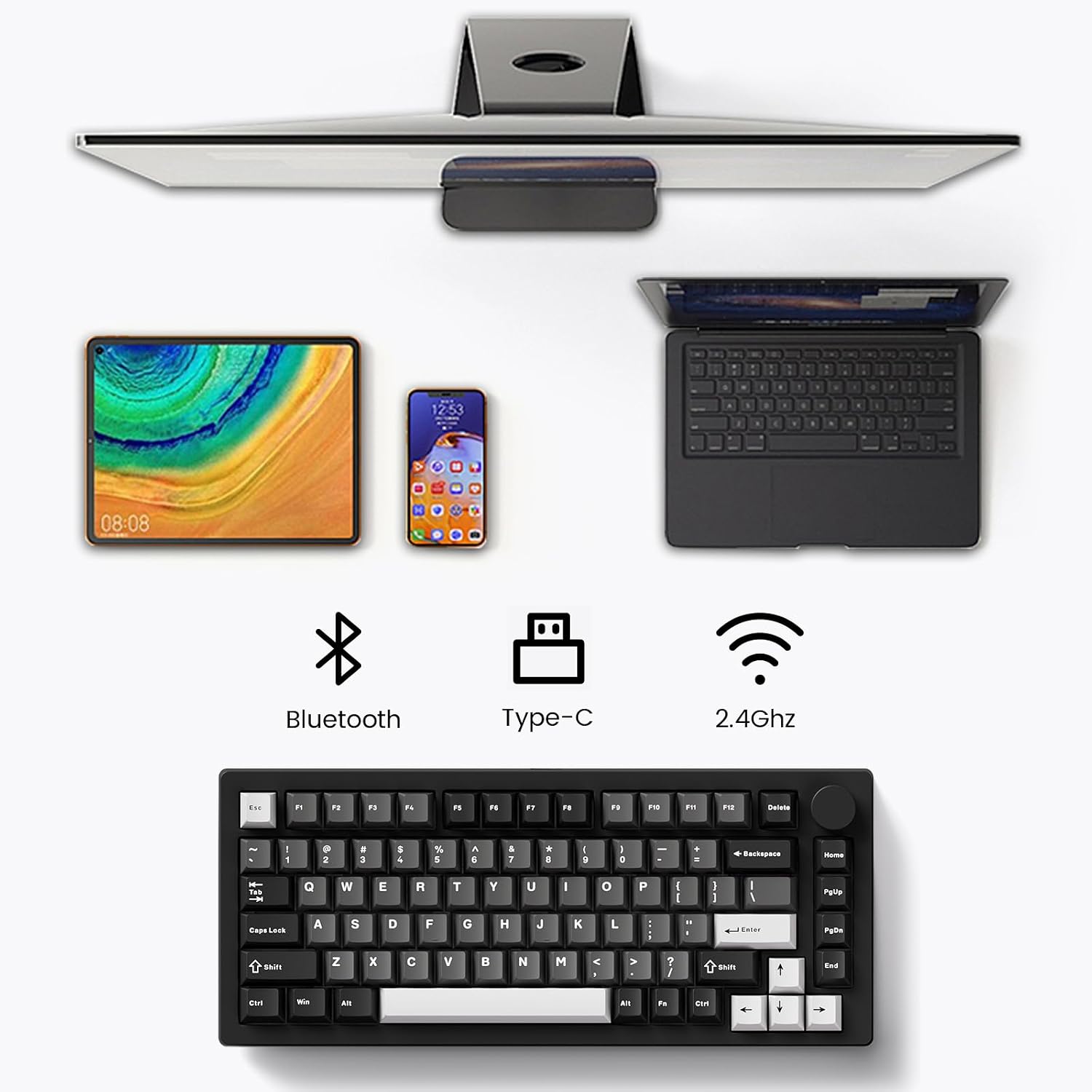 MONSGEEK M1 V5 Aluminum Mechanical Keyboard 75% Quick Release Gaming Keyboard Black & Silver with Knob 8000 mAh RGB Hot-swappable Pre-lubed Mirror Switch