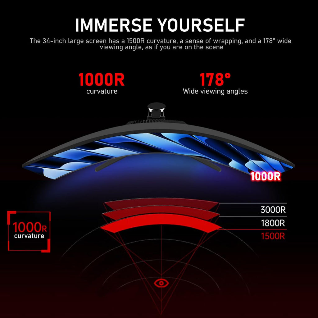 Gawfolk 34 Inch Ultrawide Curved 180Hz Gaming Computer Monitor 1000R PC screen 21:9 UWQHD (3440x1440) ,1ms,100%sRGB,Adaptive Sync,HDMI、Display Port,Liftable Stand,Wall Mount Compatible 75*75mm-Black