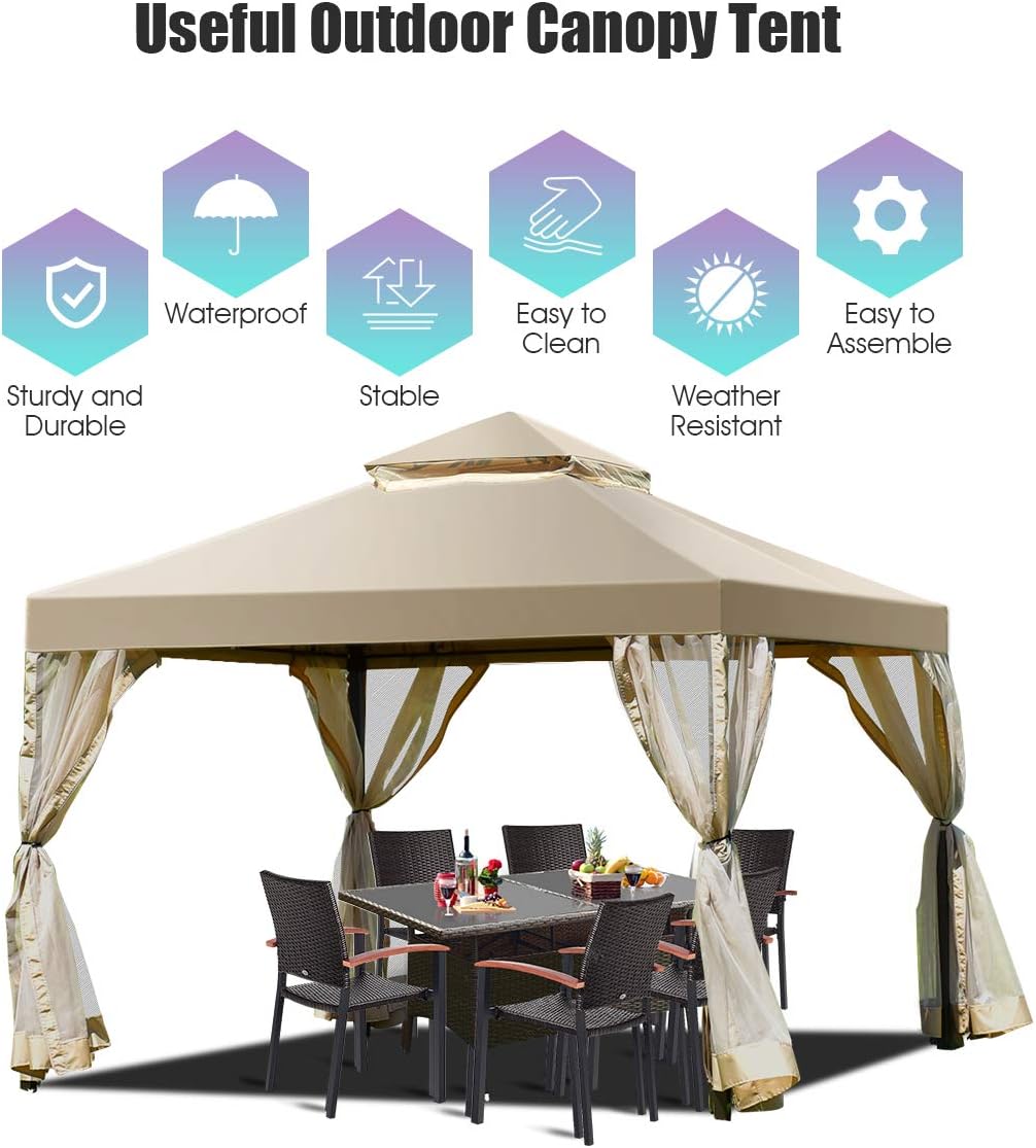 Tangkula 2-Tier 10x10Feet Patio Gazebo, Outdoor Patio Fully Enclosed Gazebo Canopy Tent w/Netting, Outdoor Gazebo Canopy Shelter for Backyard, Garden, Deck