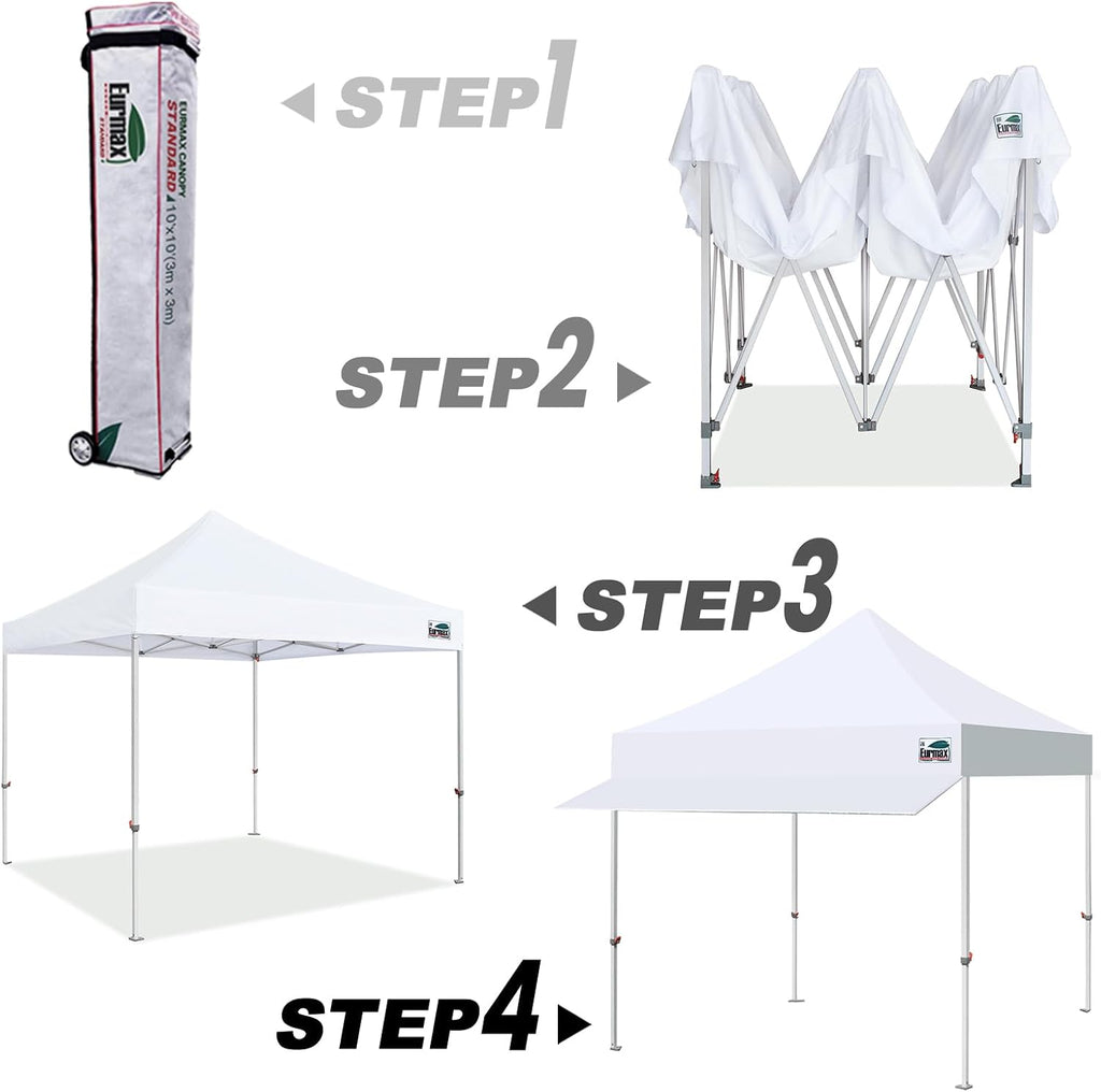 Eurmax USA 10x10 Pop Up Canopy Tent, Commercial Grade Event Tent with Patented No-Tip Rolling Bag, 24sqft Extension Awning, UV-Shield Fade & Water Resistant Top (White)