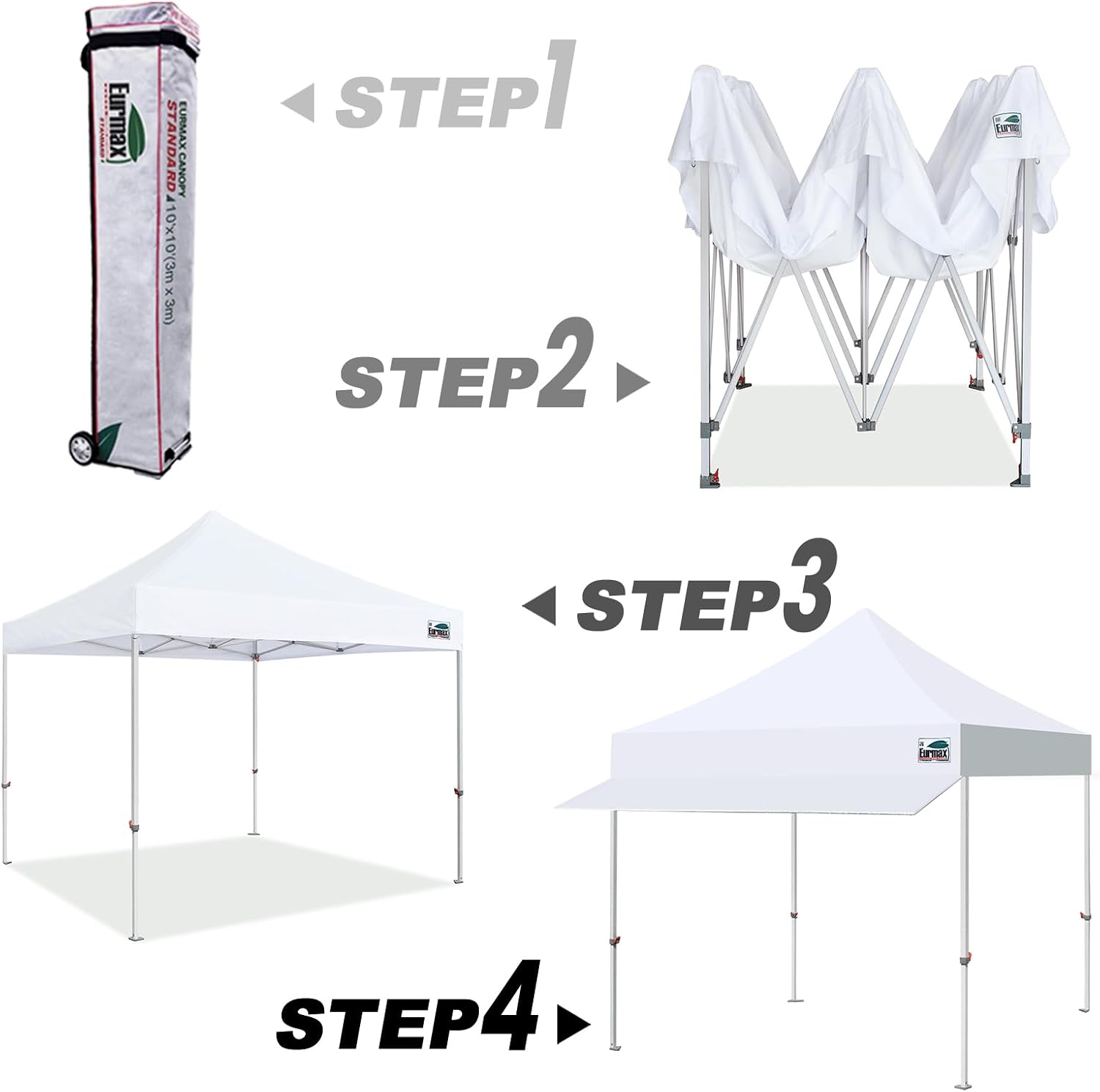 Eurmax USA 10x10 Pop Up Canopy Tent, Commercial Grade Event Tent with Patented No-Tip Rolling Bag, 24sqft Extension Awning, UV-Shield Fade & Water Resistant Top (White)