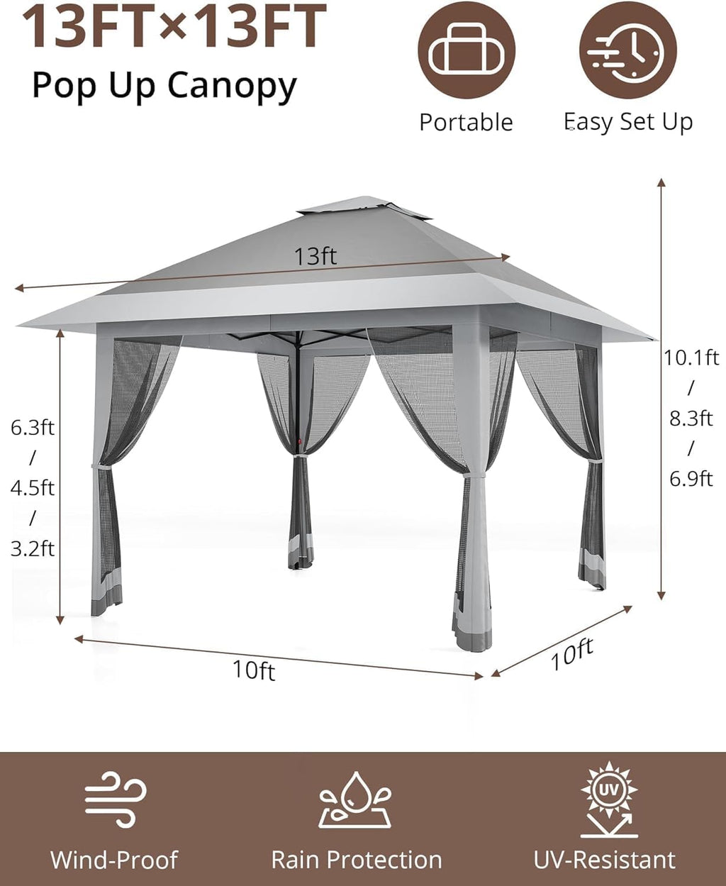 Pop Up Gazebo 13x13 Ft - Outdoor Gazebo with Mosquito Net Adjustable Outdoor Tent UV-Resistant Patio Canopy for Backyard Lawn