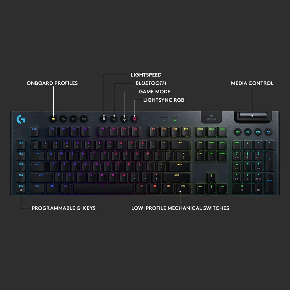 Logitech G915 Lightspeed RGB Mechanical Gaming Keyboard, Low Profile GL Clicky Key Switch, LIGHTSYNC RGB, Advanced Lightspeed Wireless and Bluetooth Support - Clicky,Black