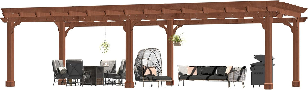 Yardenaler 12 x 20 FT Wooden Pergola, Cedar Wood Gazebo with Flat Roof, Outdoor Garden Shelter with Stakes Included, Patio, Deck, Backyard, Lawn