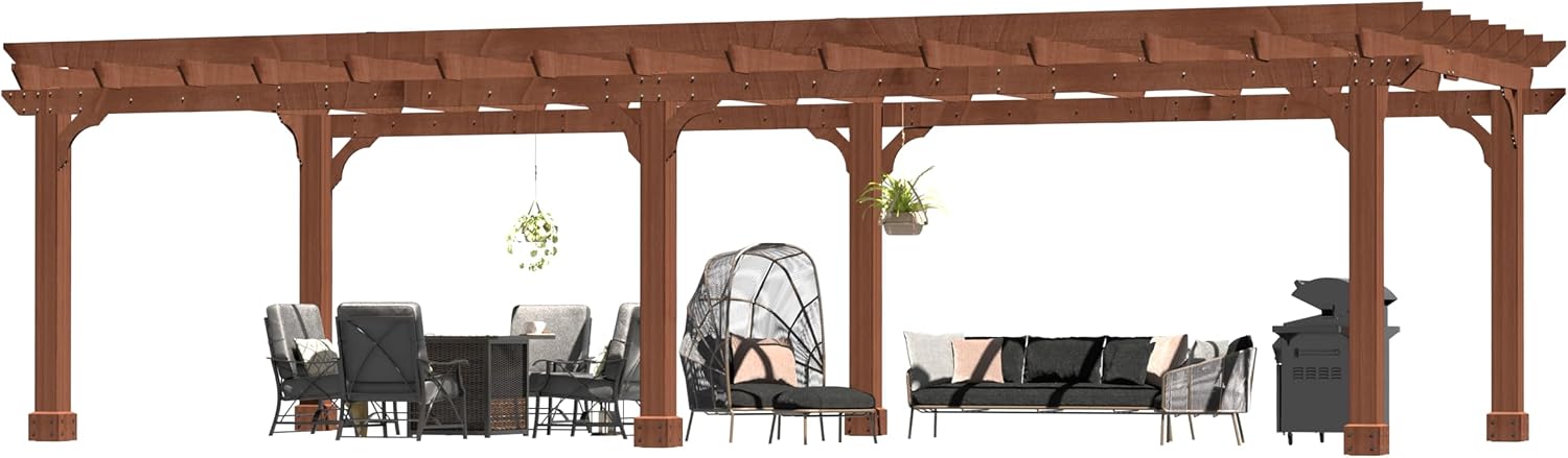 Yardenaler 12 x 20 FT Wooden Pergola, Cedar Wood Gazebo with Flat Roof, Outdoor Garden Shelter with Stakes Included, Patio, Deck, Backyard, Lawn