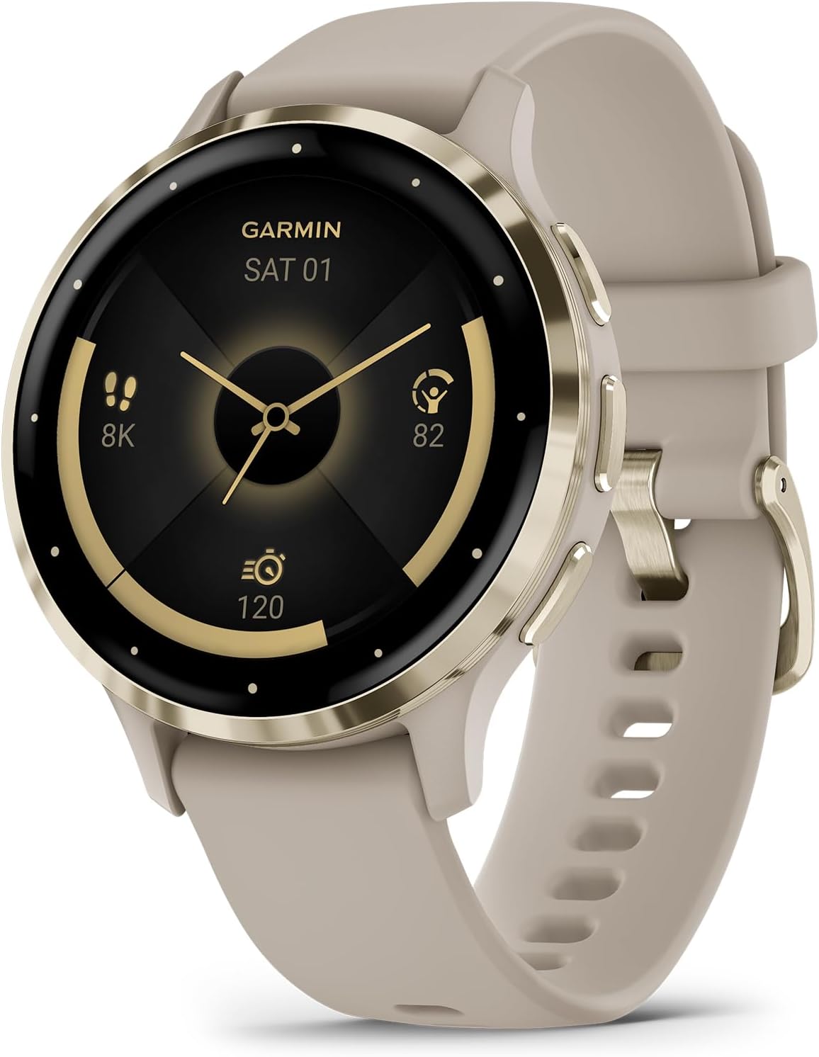 Garmin Venu 3S Running GPS Smartwatch with AMOLED Display, Advanced Health, Fitness Features, Up to 14 Day Battery Life with Signature Series Modern Power Stand | Gold with French Gray Silicone Band