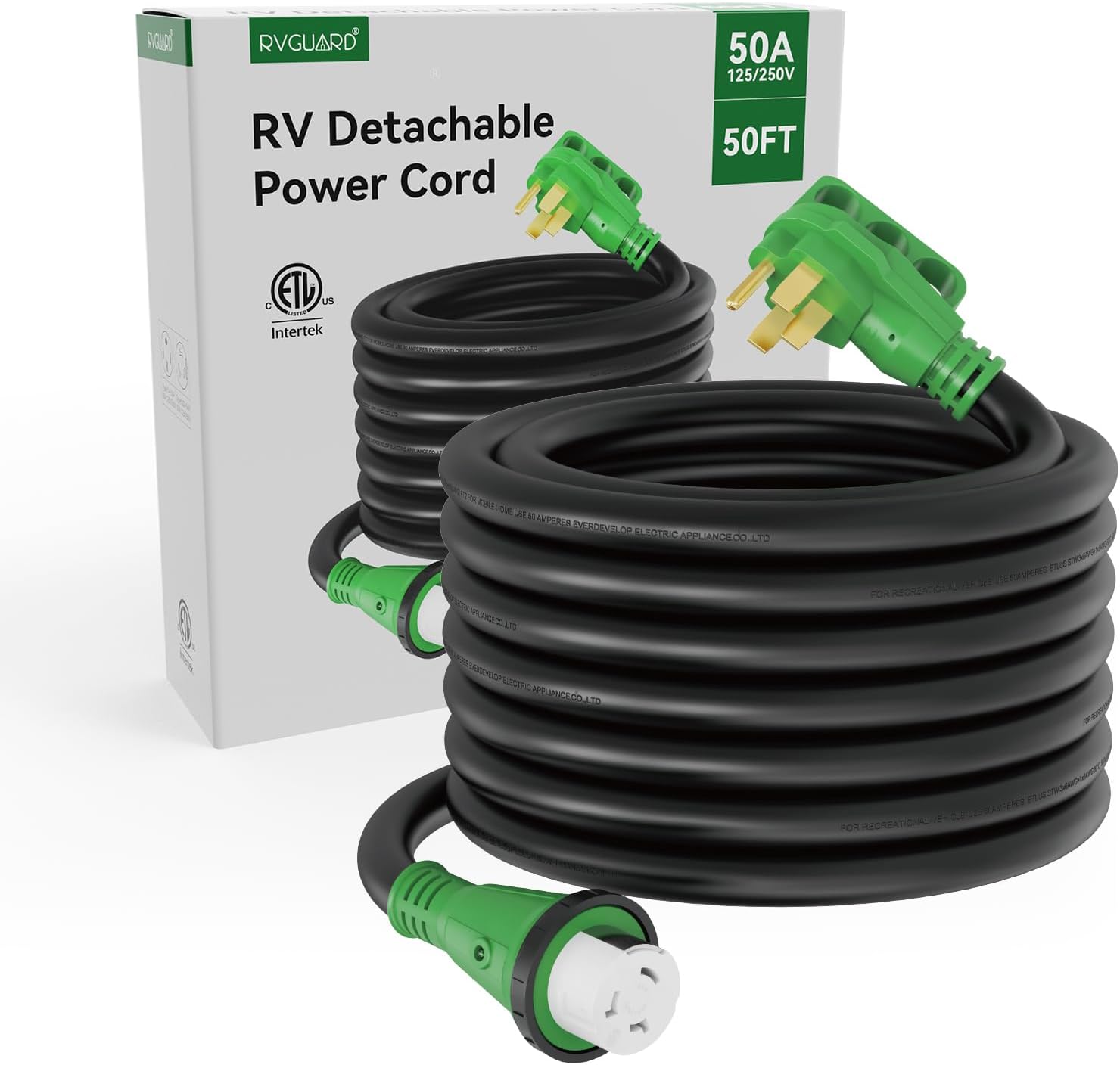 RVGUARD 50 Amp 50 Foot RV Power Cord, 14-50P to SS2-50R Generator Extension Cord, Heavy Duty STW Cord with LED Power Indicator and Cord Organizer, Green, ETL Listed