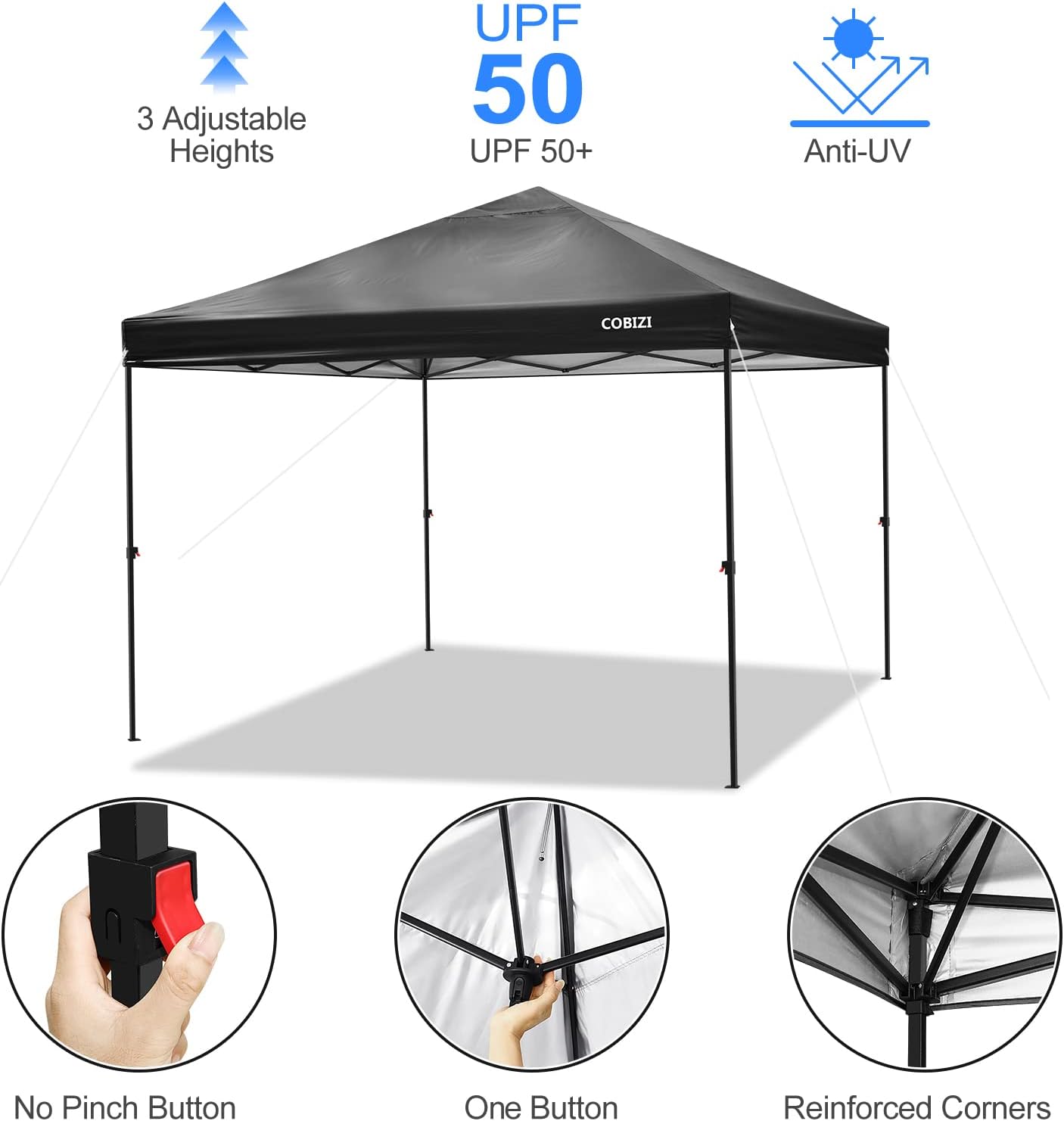 COBIZI 10x10ft Portable Pop Up Canopy Waterproof Gazebo One-Push Outdoor Canopy Party Tent Instant Shelter Sun Shade with Wheeled Carry Bag, Black