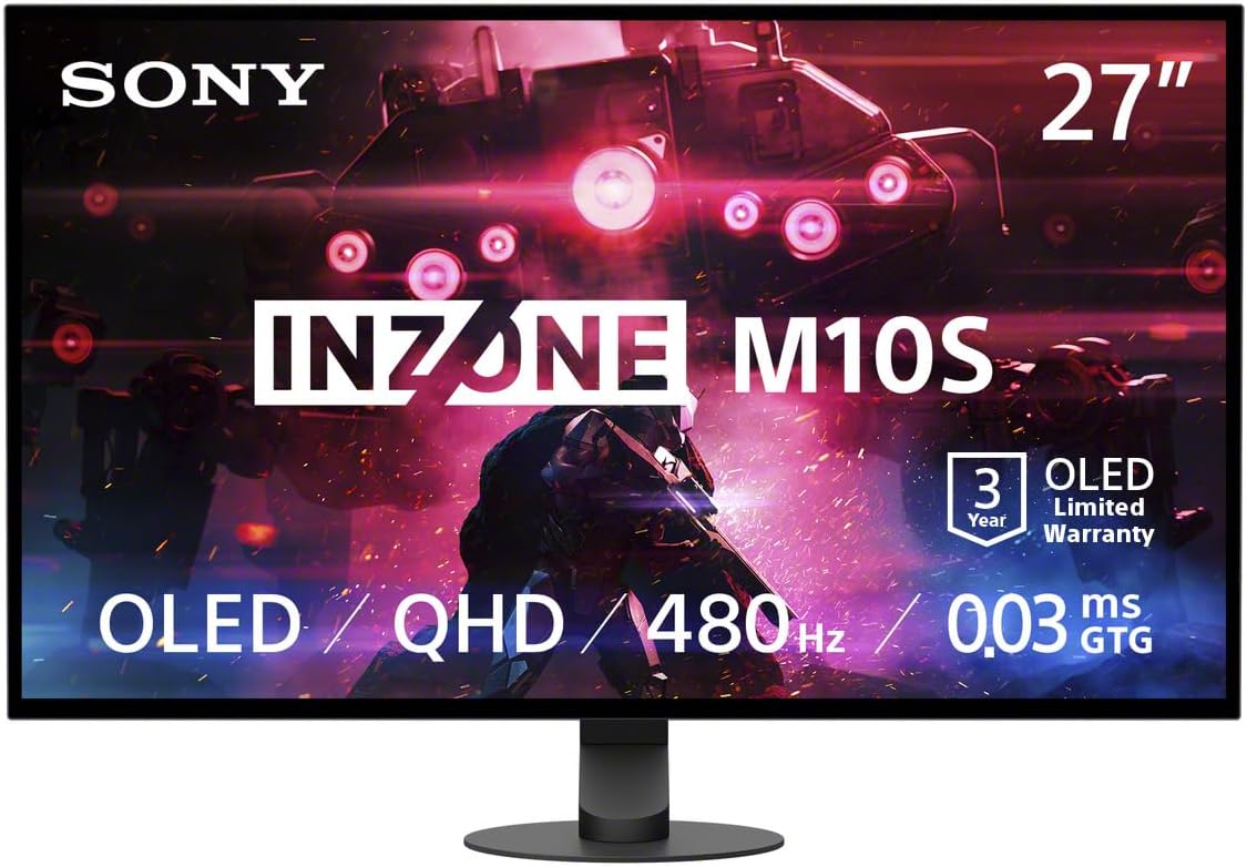 Sony INZONE M10S 27' OLED 1440p Gaming Monitor 480Hz 0.03ms, Low Profile Stand, Tournament Mode, Dual Screen Size (24.5'), G-SYNC Compatible, Anti-Glare, Custom Heatsink, 3-Year OLED Limited Warranty